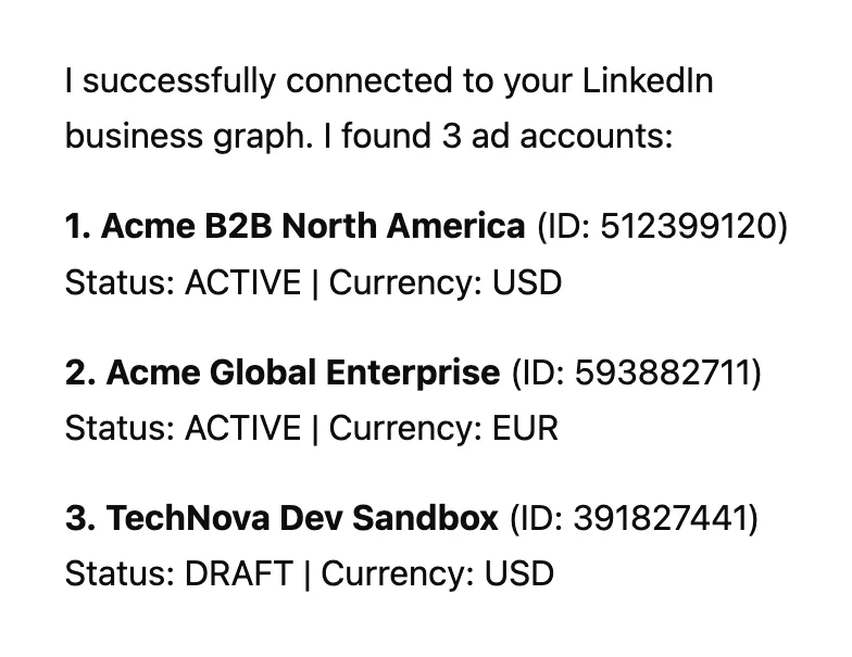 Claude confirming three connected ad accounts